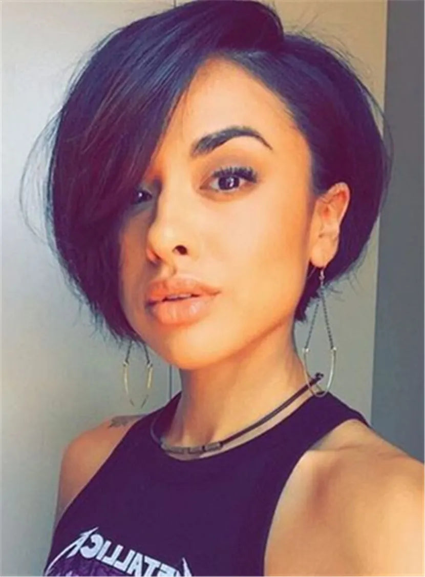 Bob Hairstyle Tilted Fashion Attractive Short Synthetic Hair Straight Capless African American Wigs 10 Inches