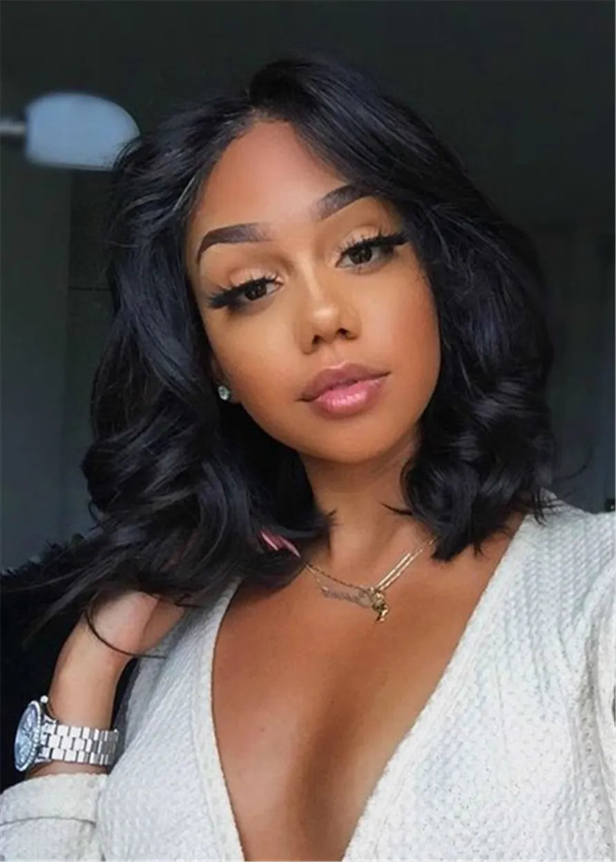 African American Wigs Medium Wavy Human Hair Wig 14 Inches