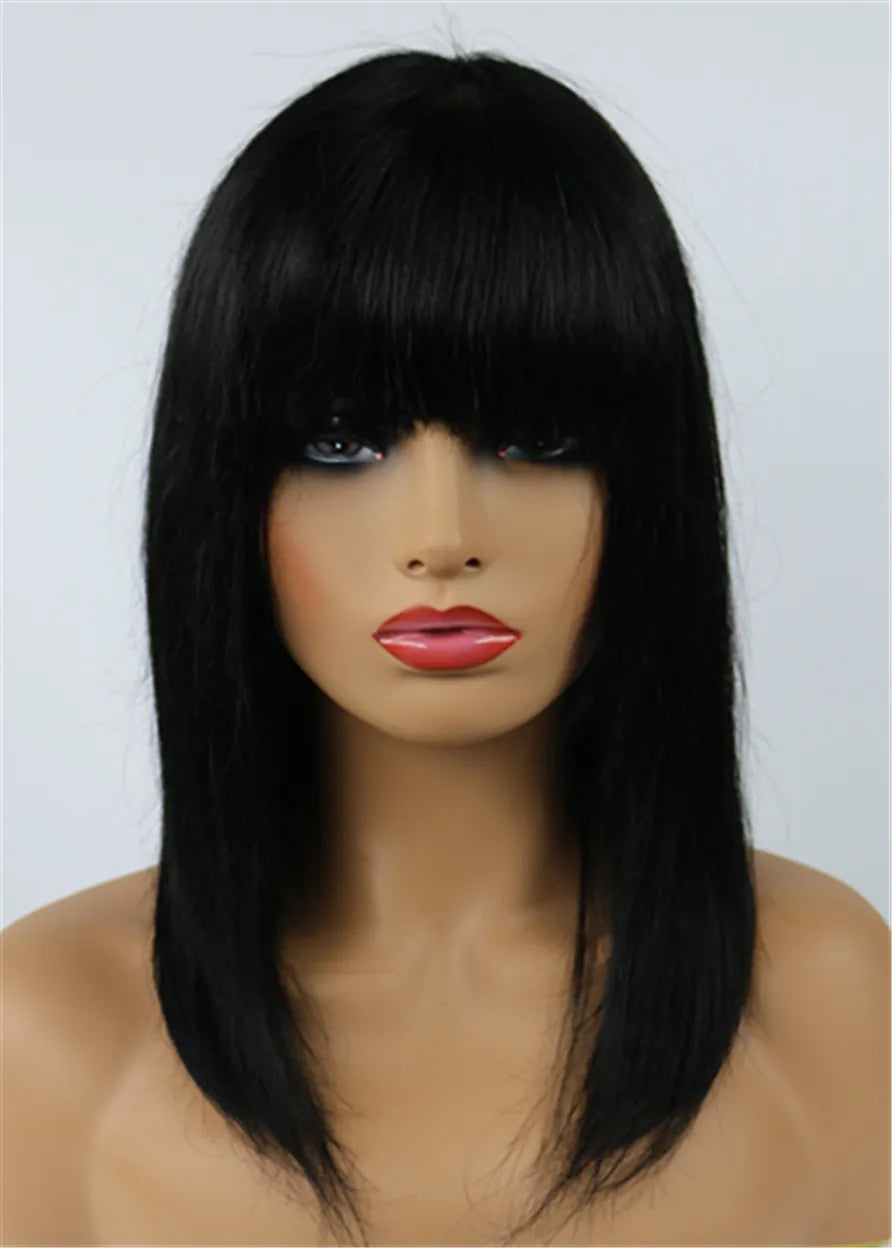 Unique Medium Straight with Full Bangs Capless Human Hair Wig 12 Inches