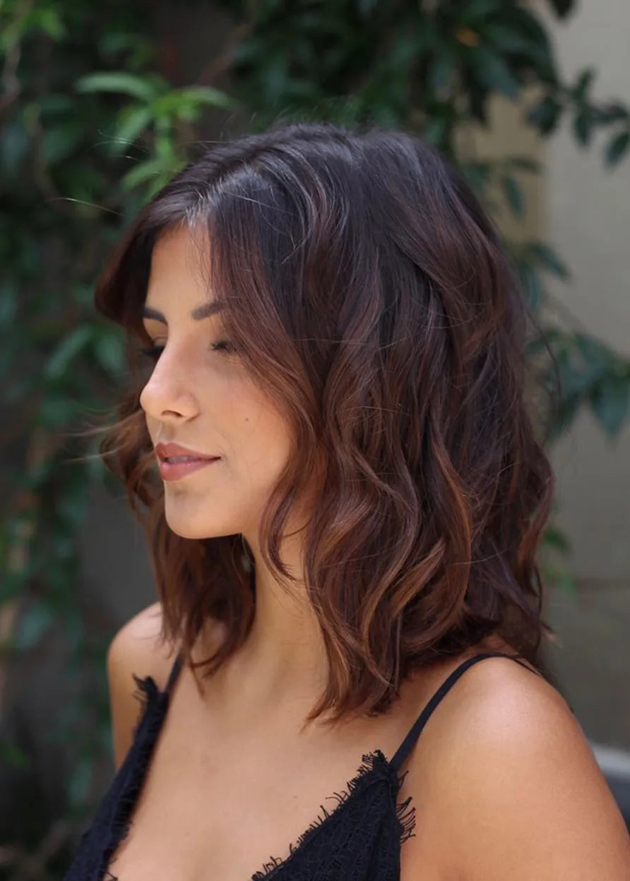 Stylish Elegant Middle-Length Wavy Human Hair Lace Front  Wigs 16 Inches