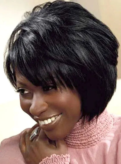 Medium Straight Layered Capless Human Hair Black Wigs