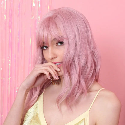 Medium Hairstyle Pink Wavy Synthetic Hair Wig 12 Inches