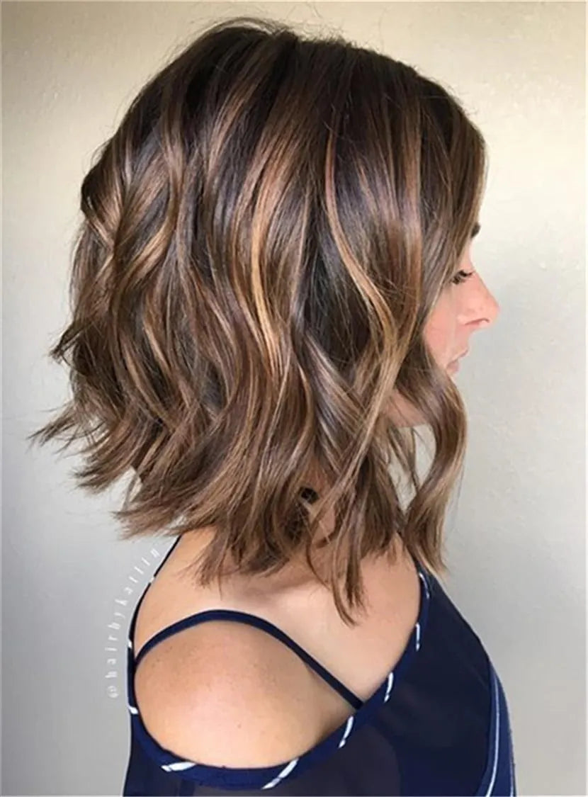 Mixed Color Bob Wavy Human Hair Lace Front Wigs 12 Inches