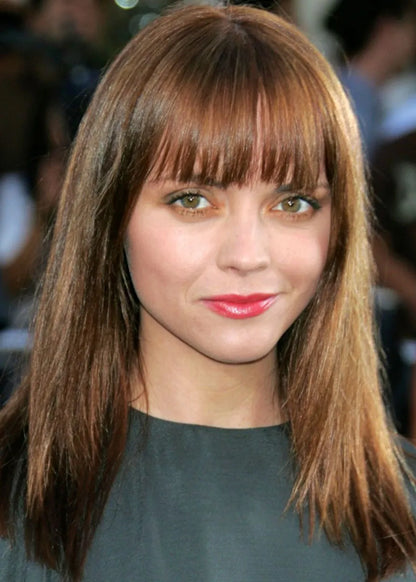 Medium Hairstyle Women's Straight Human Hair Wigs Bangs Style Lace Front Cap Wigs 16Inch