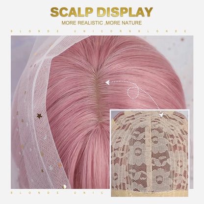 Medium Hairstyle Pink Wavy Synthetic Hair Wig 12 Inches