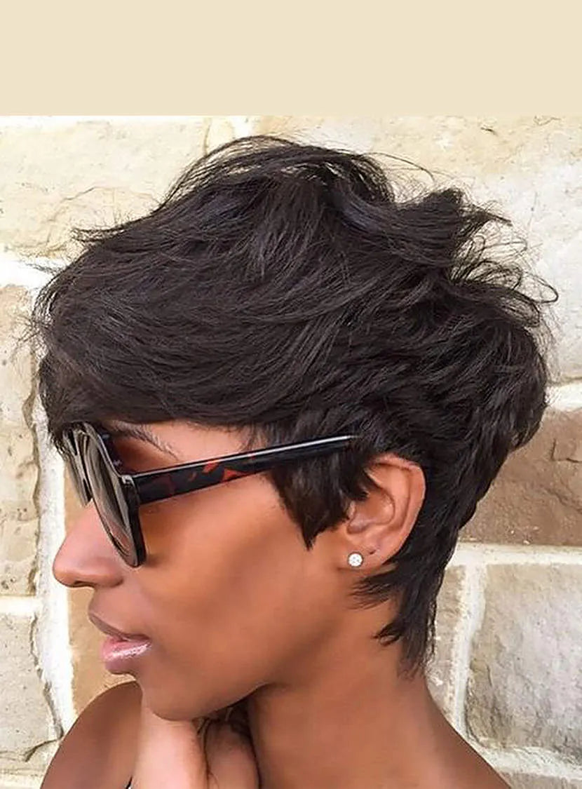 Natural Cut Pixie Messy Layered Wave Short Human Hair With Bangs Capless Cap Wigs 6 Inches