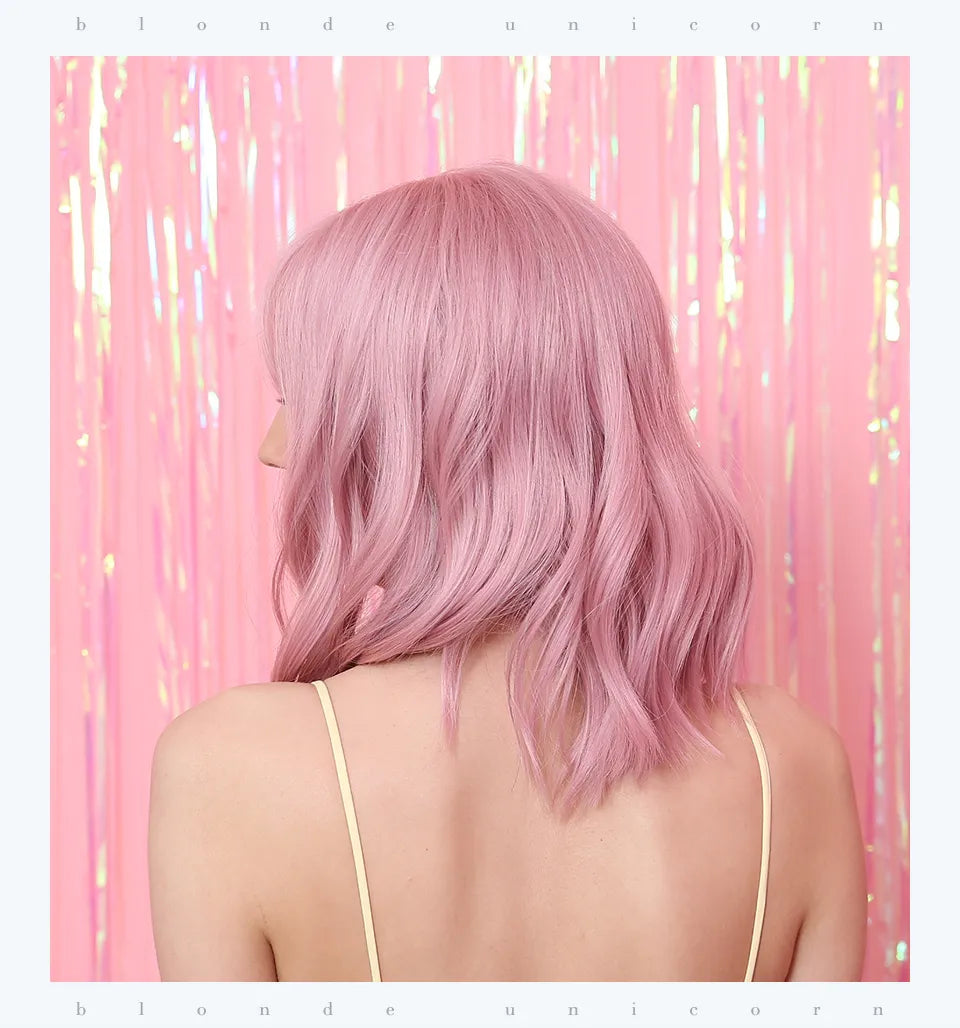 Medium Hairstyle Pink Wavy Synthetic Hair Wig 12 Inches